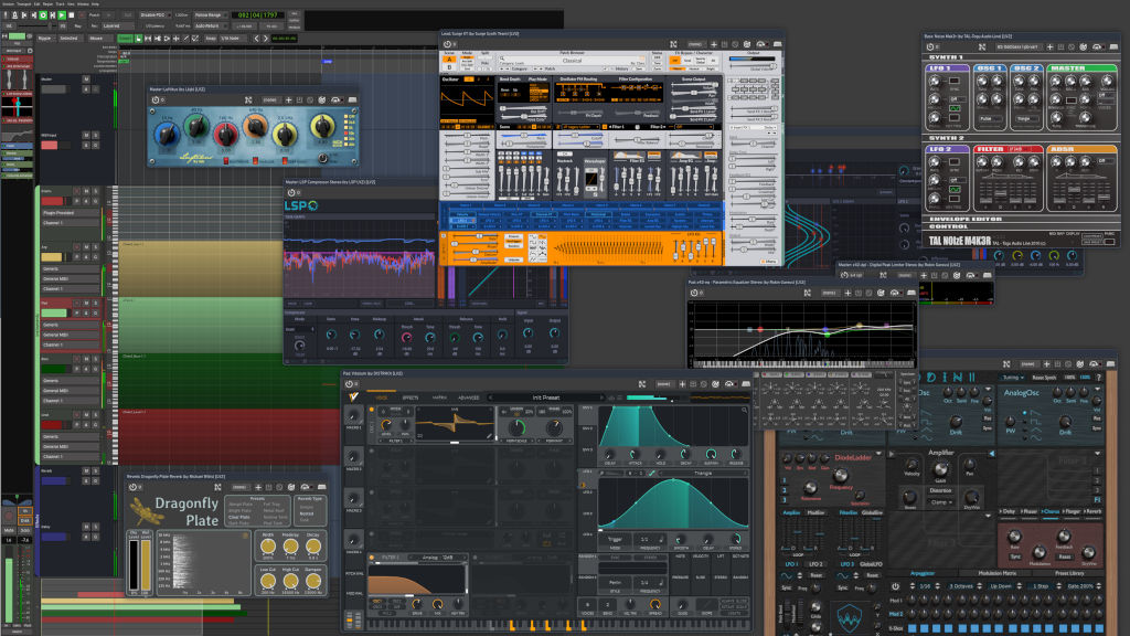 Ardour with a bunch of native (mostly FOSS) Linux audio plugins running on NixOS SwayFX (by Vivien)