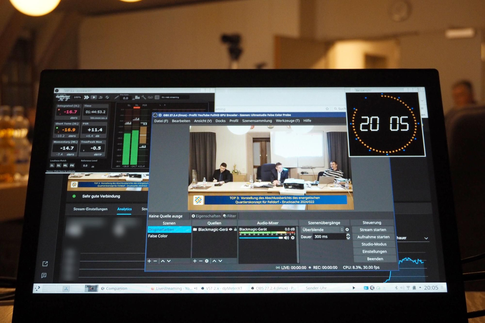 Monitoring loudness and video image during a live-stream using OBS and a UltraStudio Recorder 3G on Linux